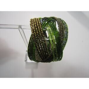 VTG‎ Green Brown Seed Beed Cuff Bracelet 6" Boho Whimsigoth Cottagecore Hippie